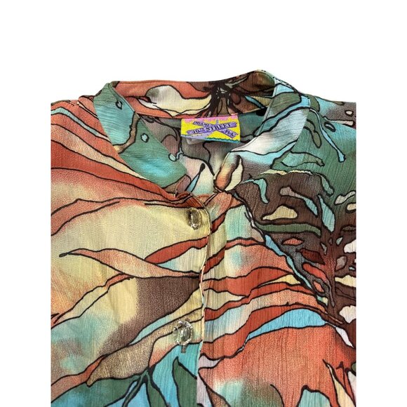 90s 46th Street Miami FLA Womens Button Front Top XL Floral Sheer Shoulder Pads - Picture 2 of 6